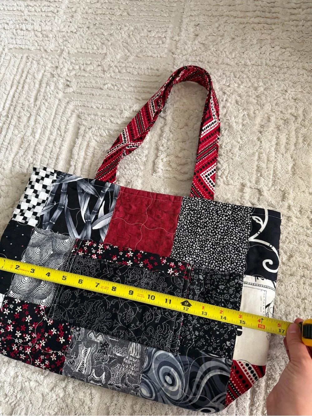 Patchwork Boho Tote Bag Red Black White Mixed Print Eclectic